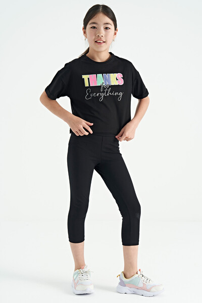 Tommylife Wholesale Black Printed Oversize Girls Crop Legging Set - 75133 - Thumbnail