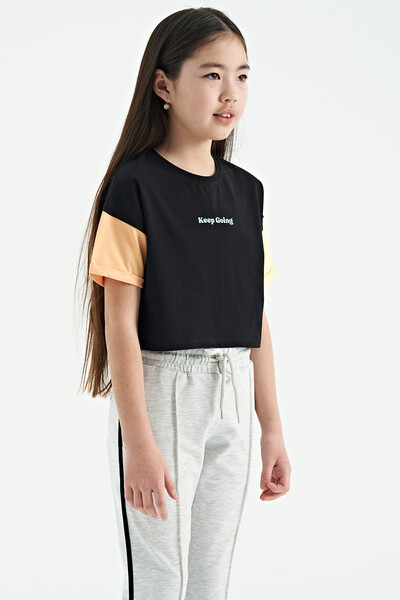 Tommylife Wholesale Black Printed Round Neck Oversize Girls T-Shirt - 75130 - Thumbnail