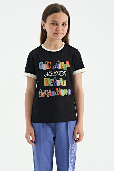 Tommylife Wholesale Black Round Neck Comfy Girls T-Shirt - 75109 - Thumbnail