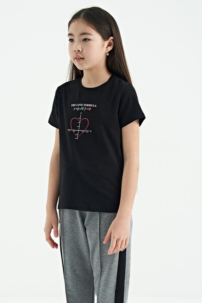 Tommylife Wholesale Black Round Neck Comfy Girls T-Shirt - 75129 - Thumbnail