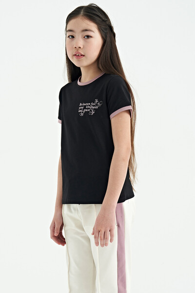 Tommylife Wholesale Black Round Neck Comfy Short Sleevelu Girls T-Shirt - 75110 - Thumbnail