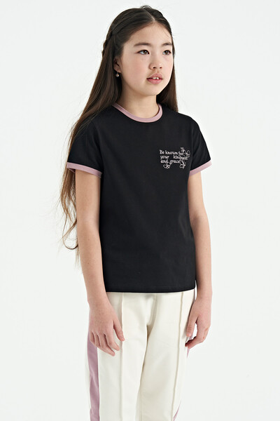 Tommylife Wholesale Black Round Neck Comfy Short Sleevelu Girls T-Shirt - 75110 - Thumbnail