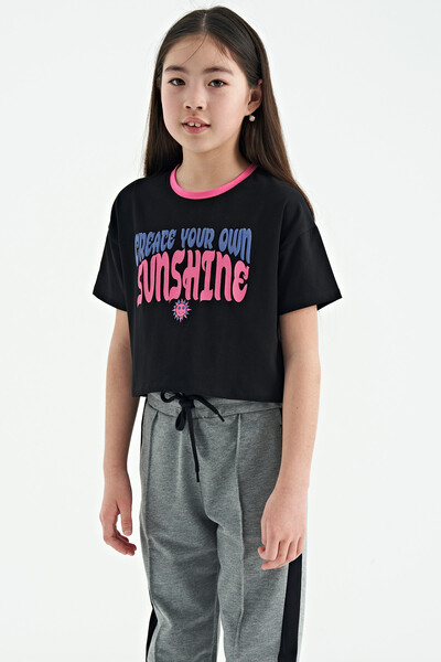 Tommylife Wholesale Black Round Neck Oversize Short Sleevelu Girls T-Shirt - 75111 - Thumbnail