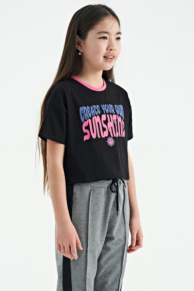 Tommylife Wholesale Black Round Neck Oversize Short Sleevelu Girls T-Shirt - 75111 - Thumbnail