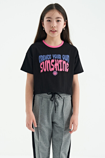 Tommylife Wholesale Black Round Neck Oversize Short Sleevelu Girls T-Shirt - 75111 - Thumbnail