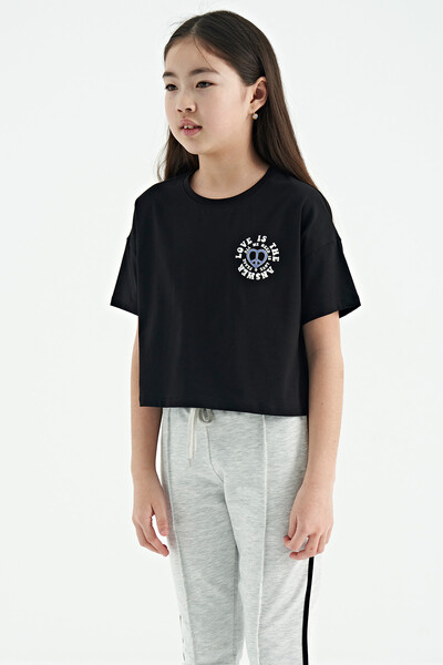 Tommylife Wholesale Black Round Neck Oversize Short Sleevelu Girls T-Shirt - 75126 - Thumbnail