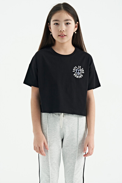 Tommylife Wholesale Black Round Neck Oversize Short Sleevelu Girls T-Shirt - 75126 - Thumbnail