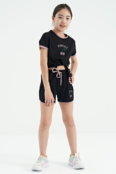 Tommylife Wholesale Black Round Neck Printed Comfy Girls Shorts Set - 75132 - Thumbnail