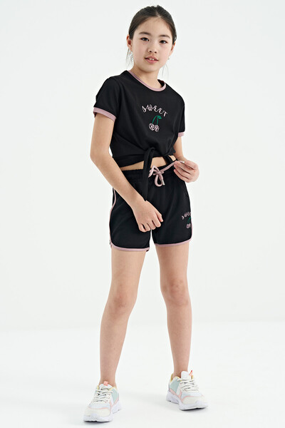 Tommylife Wholesale Black Round Neck Printed Comfy Girls Shorts Set - 75132 - Thumbnail
