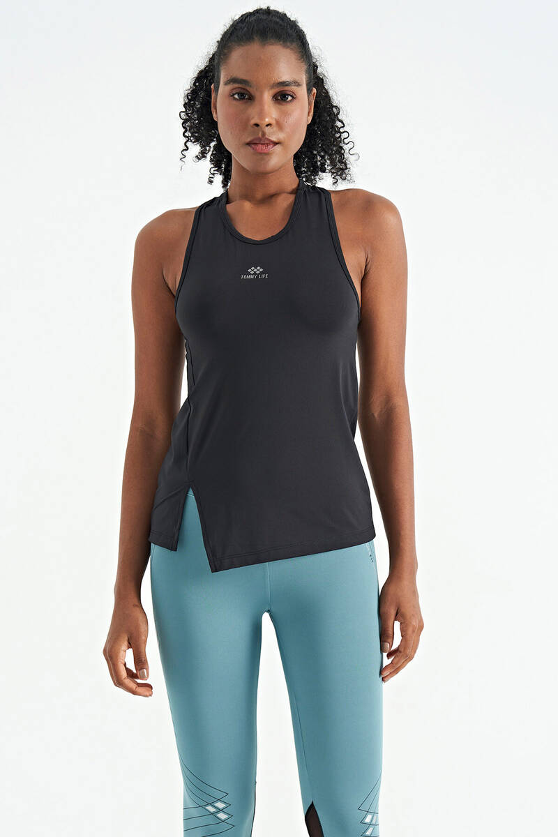 TOMMYLIFE - Tommylife Wholesale Black Slit Crew Neck Standard Fit Women's Sport Tank Top - 97256
