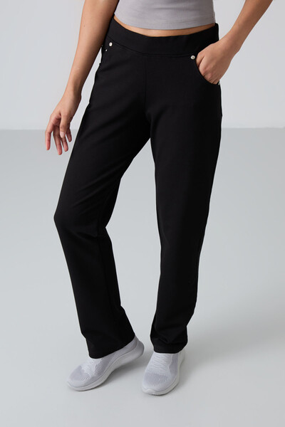 Tommylife Wholesale Black Stone Detailed With Pockets Comfy Classic Hem Women's Sweatpant - 94007 - Thumbnail