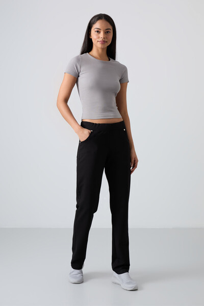 Tommylife Wholesale Black Stone Detailed With Pockets Comfy Classic Hem Women's Sweatpant - 94007 - Thumbnail