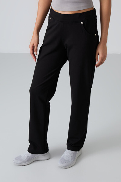 Tommylife Wholesale Black Stone Detailed With Pockets Comfy Classic Hem Women's Sweatpant - 94007 - Thumbnail