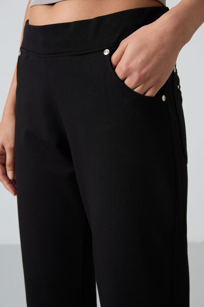 Tommylife Wholesale Black Stone Detailed With Pockets Comfy Classic Hem Women's Sweatpant - 94007 - Thumbnail