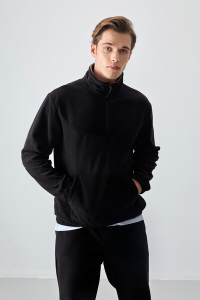 Tommylife Wholesale Black With Half Zipper Neckband Elastic Hem Men's Fleece Set - 85159 - Thumbnail