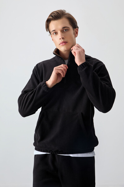 Tommylife Wholesale Black With Half Zipper Neckband Elastic Hem Men's Fleece Set - 85159 - Thumbnail