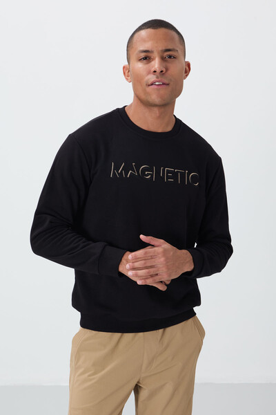 Tommylife Wholesale Black With Text Embroidered Bike Collar Comfy Men's Sweatshirt - 88020 - 4