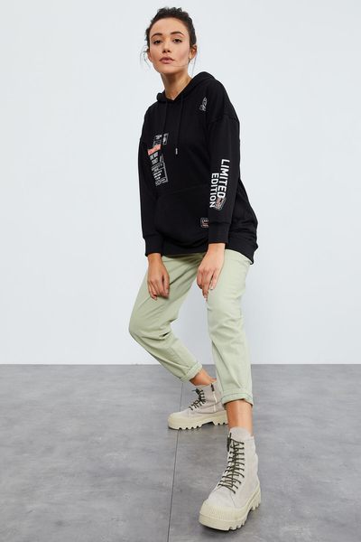 Tommylife Wholesale Black With Ticket Printed Hooded Oversize Women's Sweatshirt - 97182 - Thumbnail
