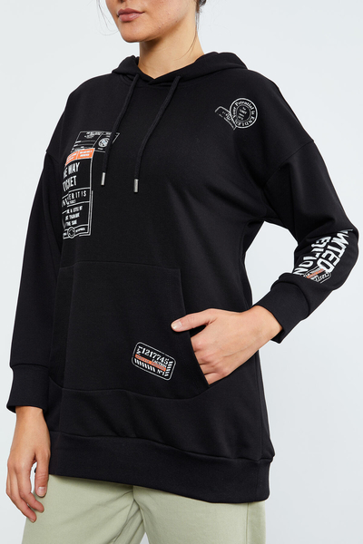 Tommylife Wholesale Black With Ticket Printed Hooded Oversize Women's Sweatshirt - 97182 - Thumbnail