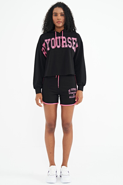 Tommylife Wholesale Black Women's Hooded Oversize Shorts Set - 02137 - Thumbnail