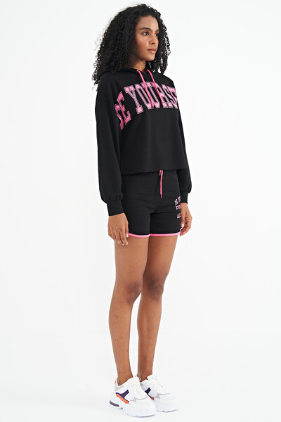 Tommylife Wholesale Black Women's Hooded Oversize Shorts Set - 02137 - Thumbnail