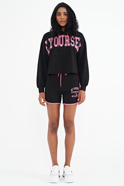 Tommylife Wholesale Black Women's Hooded Oversize Shorts Set - 02137 - Thumbnail