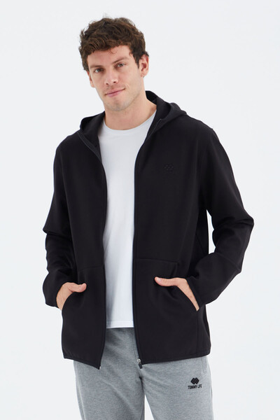 Tommylife Wholesale Black Zippered Hooded Relaxed Fit Men's Sweatshirt - 88271 - Thumbnail