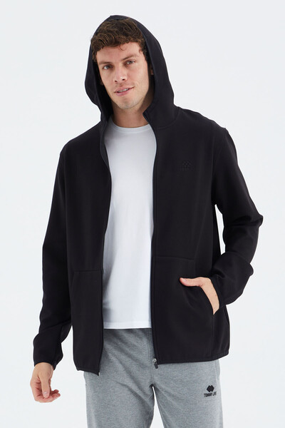 Tommylife Wholesale Black Zippered Hooded Relaxed Fit Men's Sweatshirt - 88271 - Thumbnail