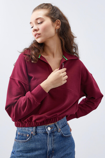 Tommylife Wholesale bordeaux Polo Collar Women's Oversize Sweatshirt - 97180 - Thumbnail