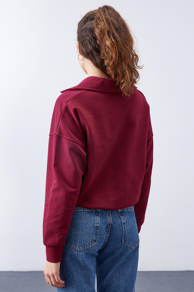 Tommylife Wholesale bordeaux Polo Collar Women's Oversize Sweatshirt - 97180 - Thumbnail