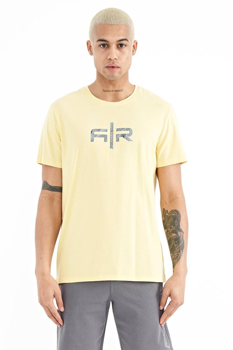 TOMMYLIFE - Tommylife Wholesale Boris Crew Neck Standard Fit Printed Men's T-Shirt 88206 Yellow