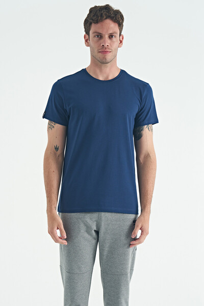 Tommylife Wholesale Calvin Crew Neck Standard Fit Basic Men's T-Shirt 88245 Indigo - Thumbnail