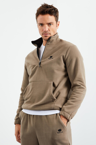 Tommylife Wholesale Camel With Half Zipper Neckband Elastic Hem Men's Fleece Set - 85159 - Thumbnail