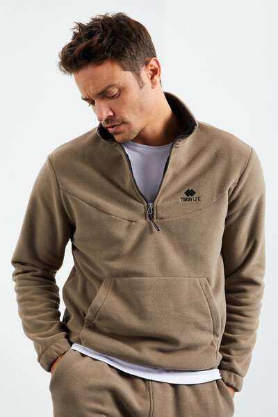 Tommylife Wholesale Camel With Half Zipper Neckband Elastic Hem Men's Fleece Set - 85159 - Thumbnail