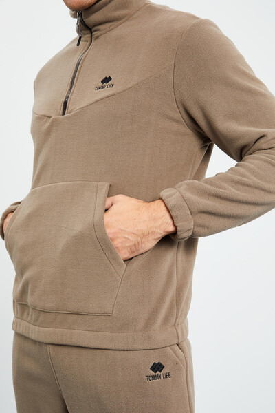 Tommylife Wholesale Camel With Half Zipper Neckband Elastic Hem Men's Fleece Set - 85159 - Thumbnail