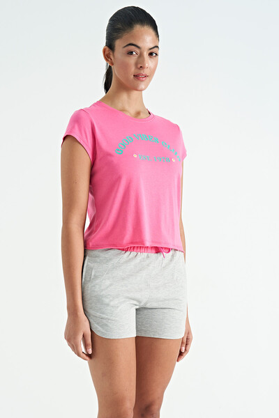Tommylife Wholesale Candy Pink Loose Fit O-Neck Women's Basic T-shirt - 02255 - Thumbnail