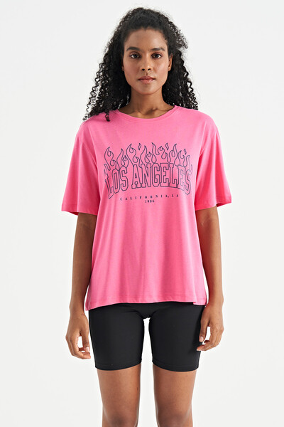 Tommylife Wholesale Candy Pink Oversize O-Neck Basic Women's T-Shirt - 02181 - Thumbnail