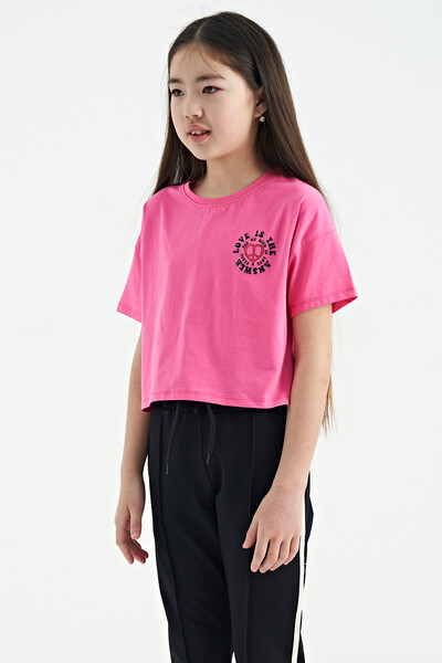 Tommylife Wholesale Candy Pink Round Neck Oversize Short Sleevelu Girls T-Shirt - 75126 - Thumbnail