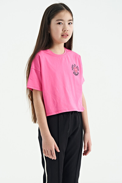 Tommylife Wholesale Candy Pink Round Neck Oversize Short Sleevelu Girls T-Shirt - 75126 - Thumbnail