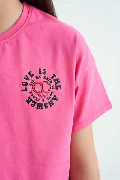 Tommylife Wholesale Candy Pink Round Neck Oversize Short Sleevelu Girls T-Shirt - 75126 - Thumbnail