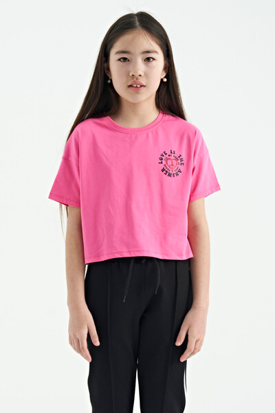 Tommylife Wholesale Candy Pink Round Neck Oversize Short Sleevelu Girls T-Shirt - 75126 - Thumbnail