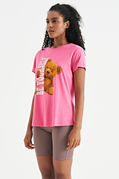 Tommylife Wholesale Candy Pink Short Sleeve O-Neck Oversize Women's T-shirt - 02242 - Thumbnail