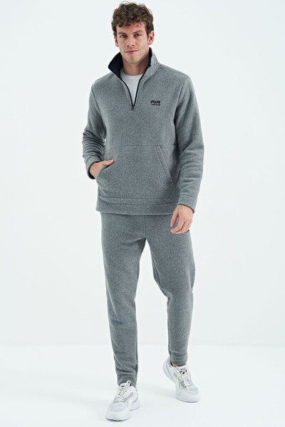 Tommylife Wholesale Carol Standard Fit Stand Collar Men's Fleece Tracksuit Set 85226 Gray Melange - Thumbnail