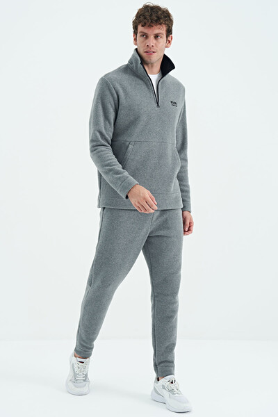 Tommylife Wholesale Carol Standard Fit Stand Collar Men's Fleece Tracksuit Set 85226 Gray Melange - Thumbnail