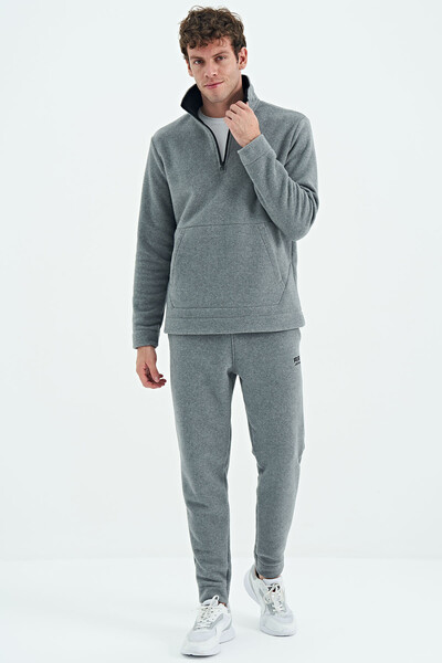 Tommylife Wholesale Carol Standard Fit Stand Collar Men's Fleece Tracksuit Set 85226 Gray Melange - Thumbnail