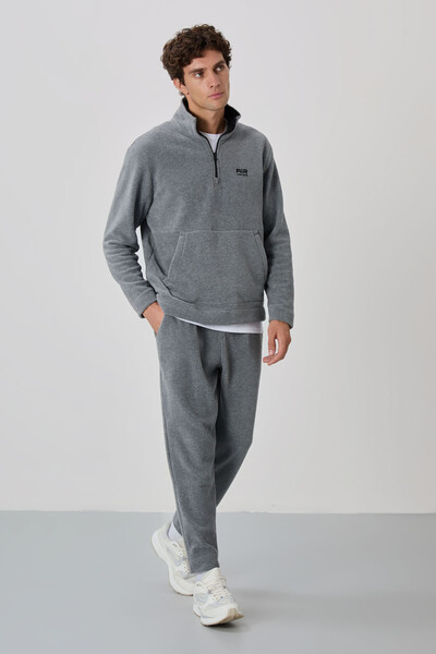 Tommylife Wholesale Carol Standard Fit Stand Collar Men's Fleece Tracksuit Set 85226 Gray Melange - Thumbnail