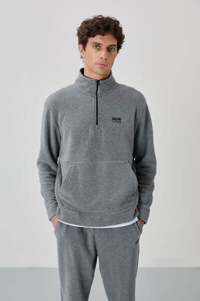 Tommylife Wholesale Carol Standard Fit Stand Collar Men's Fleece Tracksuit Set 85226 Gray Melange - Thumbnail