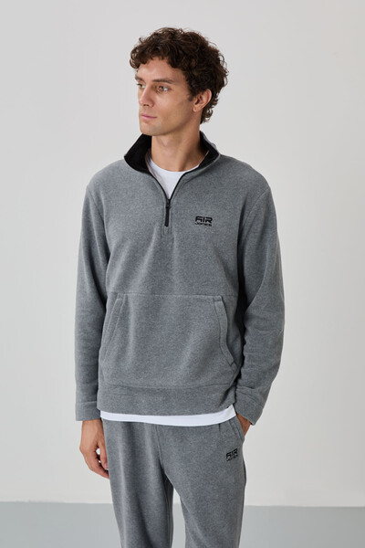 Tommylife Wholesale Carol Standard Fit Stand Collar Men's Fleece Tracksuit Set 85226 Gray Melange - Thumbnail