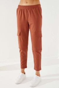 Tommylife Wholesale Cinnamon Colour High Waist With Cargo Pockets Comfy Skinny Hem Women's Sweatpant - 94588 - Thumbnail