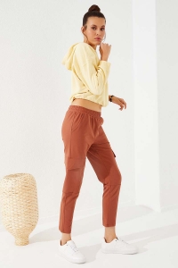 Tommylife Wholesale Cinnamon Colour High Waist With Cargo Pockets Comfy Skinny Hem Women's Sweatpant - 94588 - Thumbnail